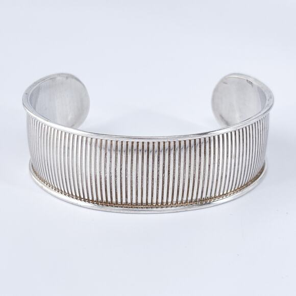 Vintage Sterling Silver 925 Ribbed Cuff Bracelet 7.25" - Picture 2 of 9